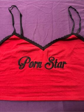 Dolls Kill Red Cami with Black Lace 'Porn Star' Embroidery